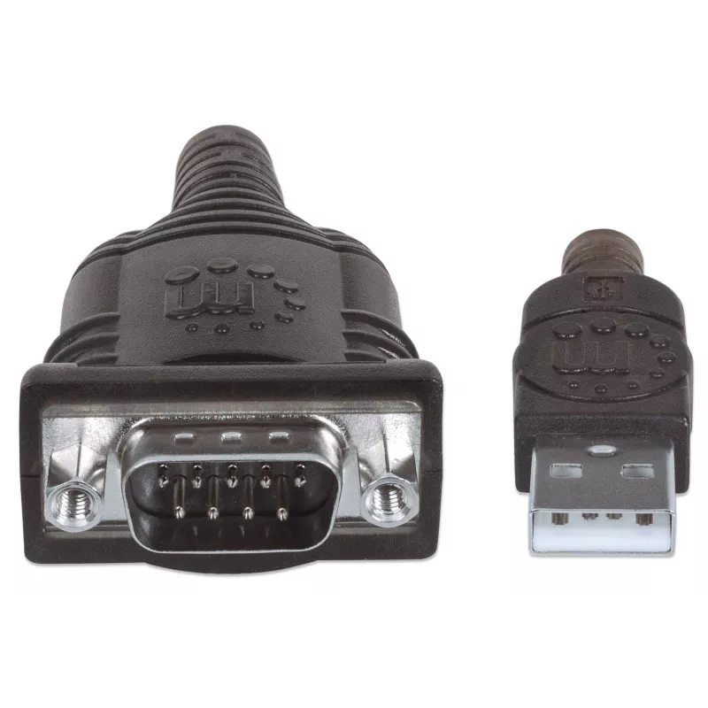 Manhattan USB-A-zu-Seriell-Konverterkabel, 45 cm, Stecker auf Stecker, Seriell/RS232/COM/DB9, FTDI FT232RL-Chip, Windows 11-kompatibel (plus vorherige Betriebssysteme), Schwarz/Silber-Kabel, drei Jahre Garantie, entspricht ICUSB2321F.