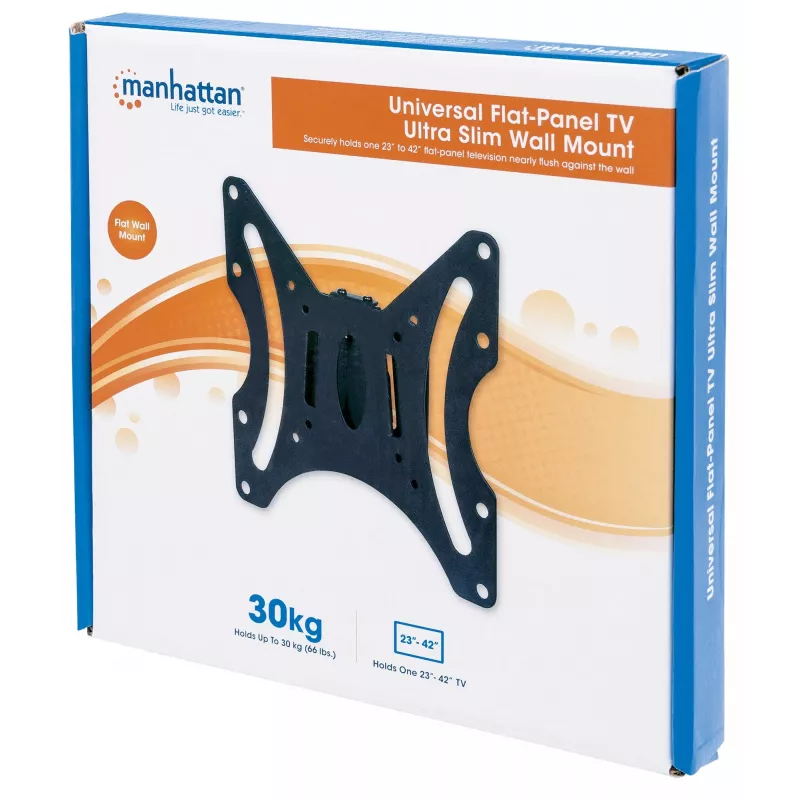 Manhattan Wandhalterung für TV & Monitore (fest), Für Bildschirme von 23 Zoll bis 42 Zoll, VESA-Kompatibilität: alle zwischen 75 x 75 mm und 200 x 200 mm – überprüfen Sie die Abmessungen der vier Befestigungslöcher auf der Rückseite des Bildschirms, um sicherzustellen, dass sie passt, Max. 30 kg, Schwarz, Halterung