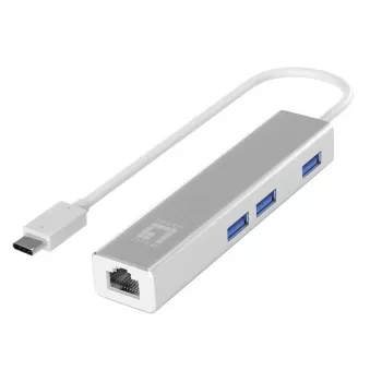 LevelOne Gigabit USB-C Netzwerkadapter mit USB Hub, Kabelgebunden, USB Type-C, Ethernet, 1000 Mbit/s, Silber