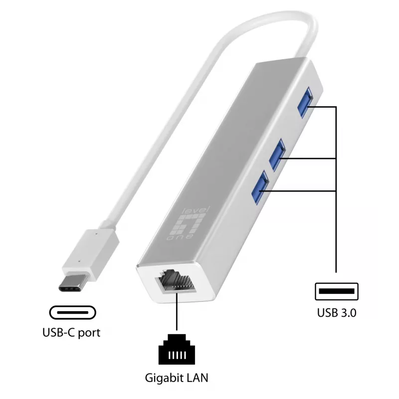 LevelOne Gigabit USB-C Netzwerkadapter mit USB Hub, Kabelgebunden, USB Type-C, Ethernet, 1000 Mbit/s, Silber