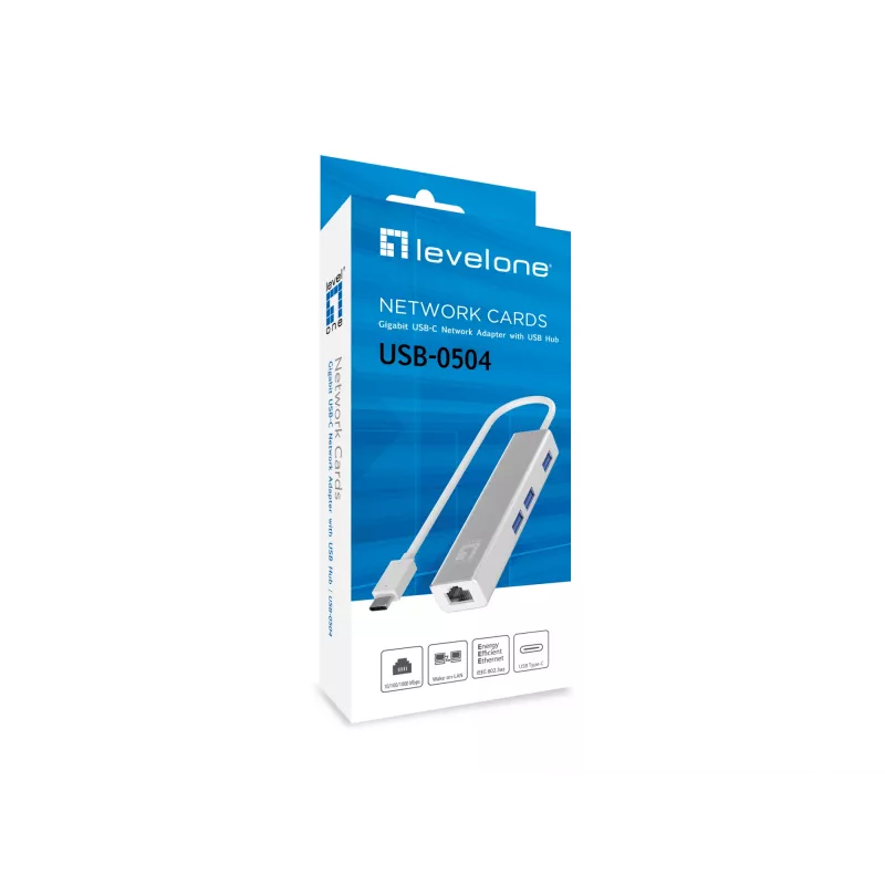 LevelOne Gigabit USB-C Netzwerkadapter mit USB Hub, Kabelgebunden, USB Type-C, Ethernet, 1000 Mbit/s, Silber