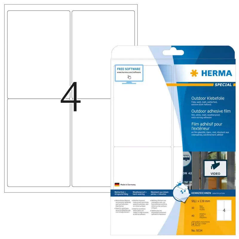 Selbstklebendes Druckeretikett HERMA 9534 A4 Outdoorfolie 99,1 x 139 mm