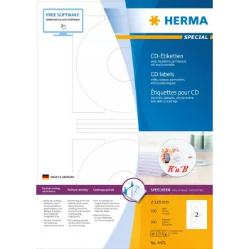 CD-Etiketten HERMA A4 Ø 116 mm weißes Papier matt blickdicht 200 Stück