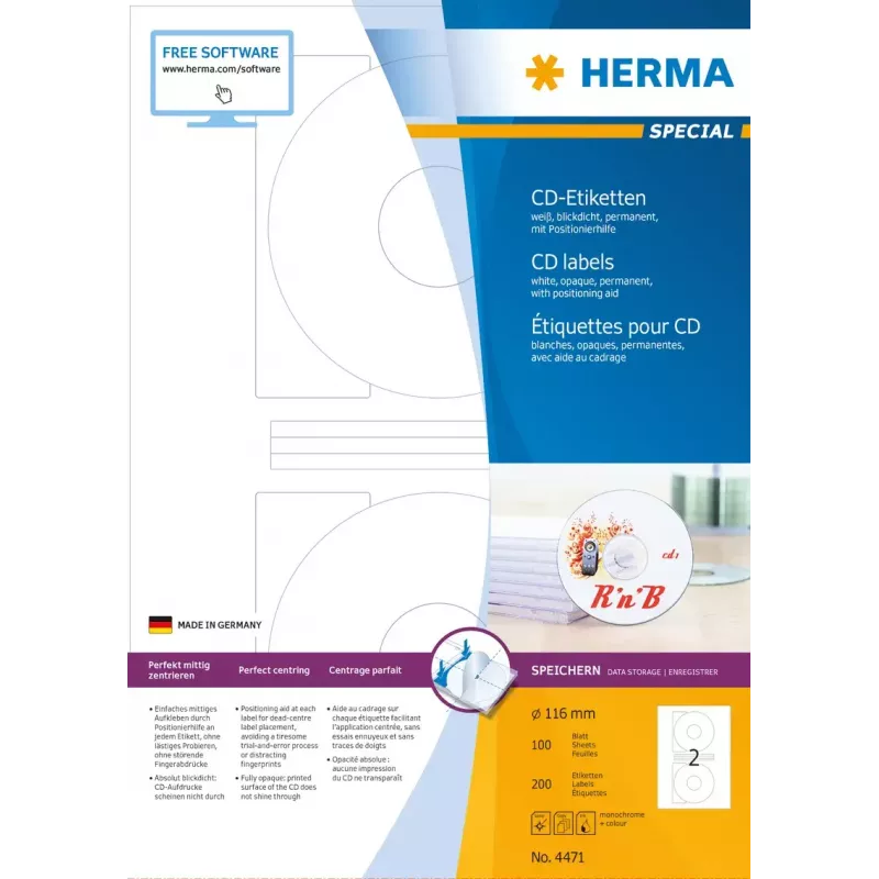CD-Etiketten HERMA A4 Ø 116 mm weißes Papier matt blickdicht 200 Stück