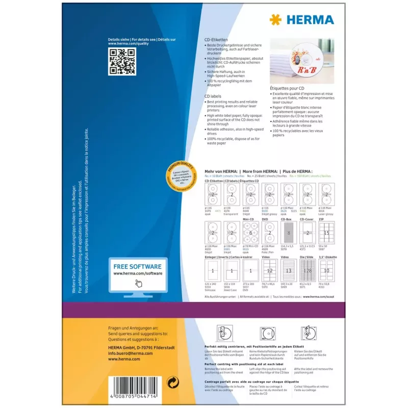 CD-Etiketten HERMA A4 Ø 116 mm weißes Papier matt blickdicht 200 Stück