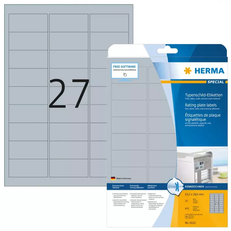Typenschild-Etiketten HERMA A4 63,5x29,6 mm silber