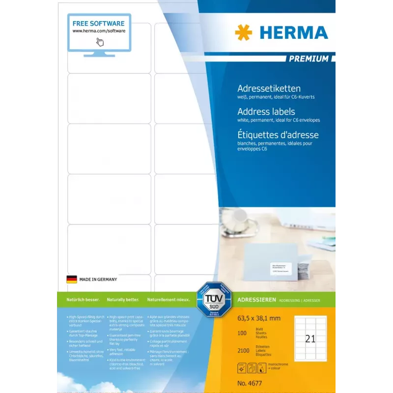 Adressetiketten HERMA Premium A4 63,5x38,1 mm 2100 Stück