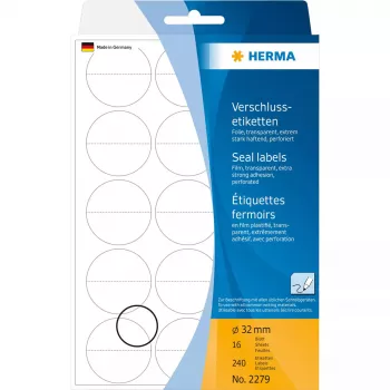 Siegelaufkleber perforiert HERMA 2279 Ø 32 mm rund transparent extra stark haftend Folie matt