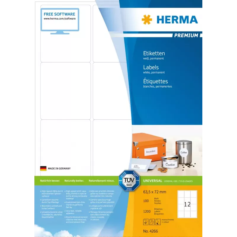 Selbstklebendes Druckeretikett HERMA Labels Premium A4 63,5x72 mm
