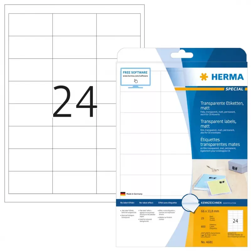 Selbstklebende Druckeretiketten HERMA Labels transparent matt A4 66x33,8 mm Folie 600 Stück