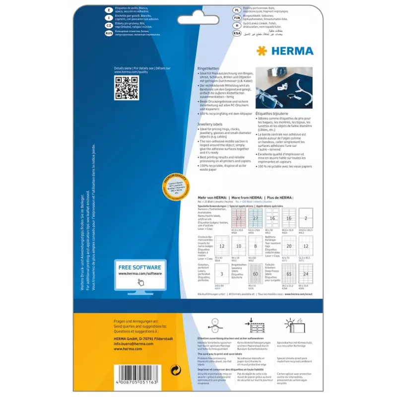 Selbstklebendes Etikett für Drucker HERMA 5116 A4 49x10 mm 1500 Stk.