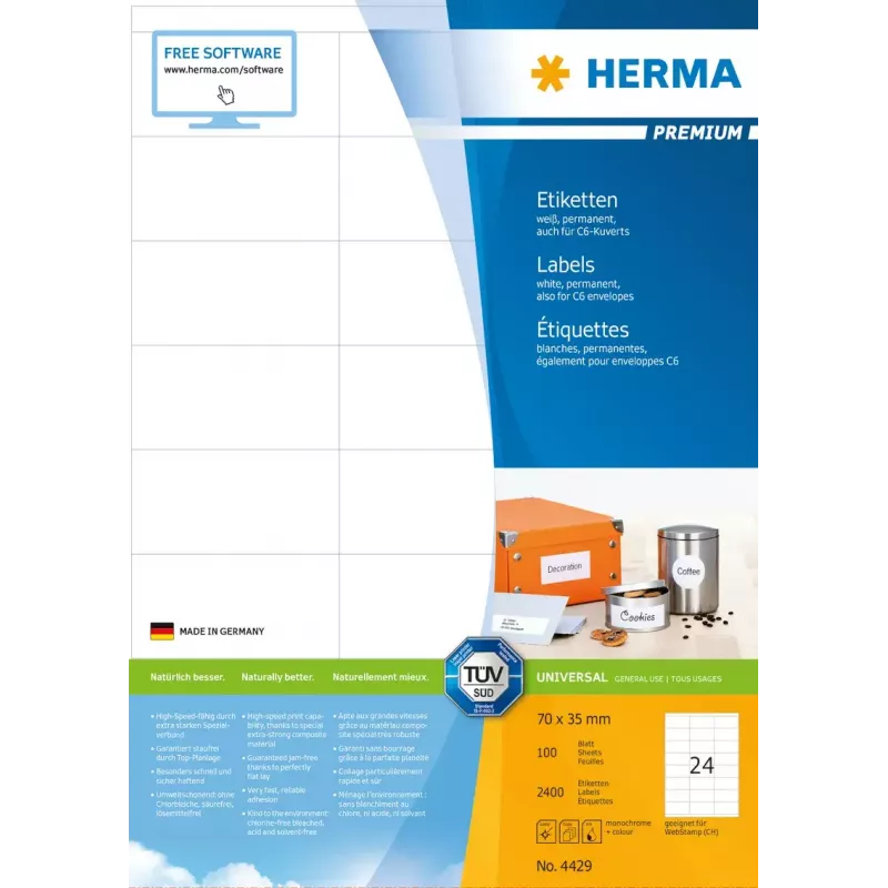 Selbstklebende Druckeretiketten HERMA Labels Premium A4 70x35 mm
