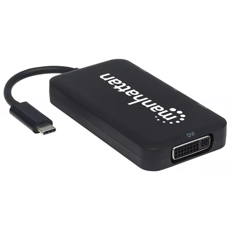 Manhattan USB-C Dock/Hub, Anschlüsse (x4): DisplayPort, DVI-I, HDMI oder VGA, Hinweis: Es kann immer nur ein Anschluss verwendet werden, kein externes Netzteil erforderlich, universell für alle Geräte, Kabel 8 cm, Schwarz, drei Jahre Garantie