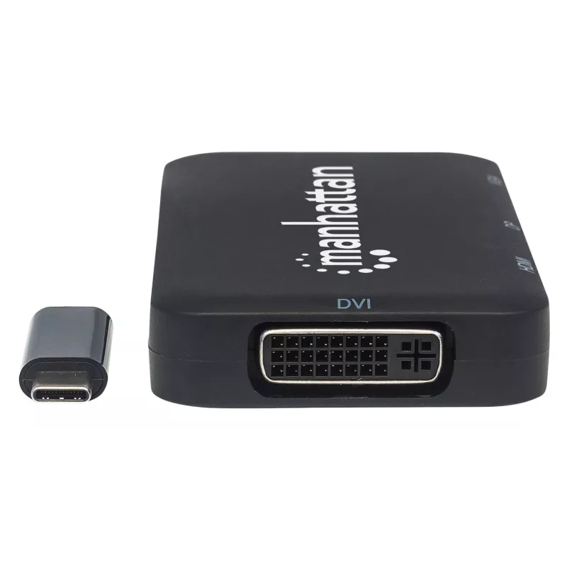 Manhattan USB-C Dock/Hub, Anschlüsse (x4): DisplayPort, DVI-I, HDMI oder VGA, Hinweis: Es kann immer nur ein Anschluss verwendet werden, kein externes Netzteil erforderlich, universell für alle Geräte, Kabel 8 cm, Schwarz, drei Jahre Garantie
