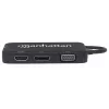 Manhattan USB-C Dock/Hub, Anschlüsse (x4): DisplayPort, DVI-I, HDMI oder VGA, Hinweis: Es kann immer nur ein Anschluss verwendet werden, kein externes Netzteil erforderlich, universell für alle Geräte, Kabel 8 cm, Schwarz, drei Jahre Garantie