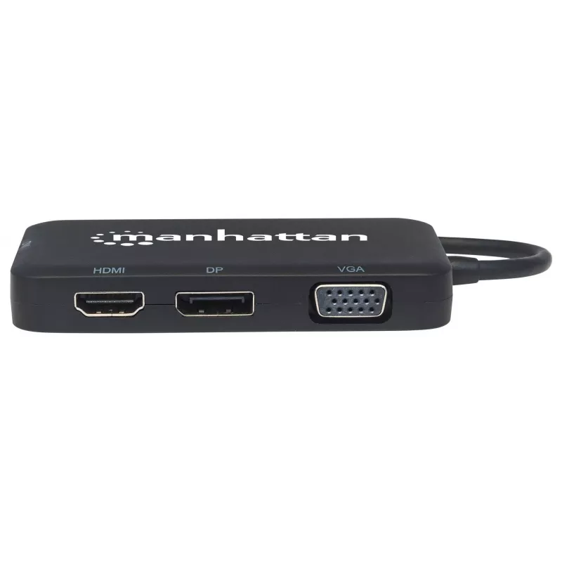 Manhattan USB-C Dock/Hub, Anschlüsse (x4): DisplayPort, DVI-I, HDMI oder VGA, Hinweis: Es kann immer nur ein Anschluss verwendet werden, kein externes Netzteil erforderlich, universell für alle Geräte, Kabel 8 cm, Schwarz, drei Jahre Garantie