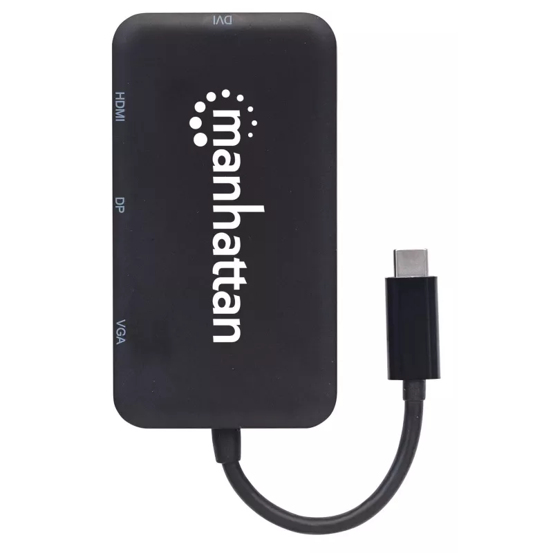 Manhattan USB-C Dock/Hub, Anschlüsse (x4): DisplayPort, DVI-I, HDMI oder VGA, Hinweis: Es kann immer nur ein Anschluss verwendet werden, kein externes Netzteil erforderlich, universell für alle Geräte, Kabel 8 cm, Schwarz, drei Jahre Garantie