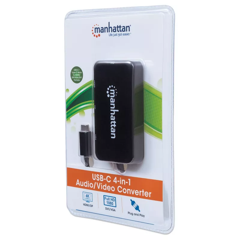 Manhattan USB-C Dock/Hub, Anschlüsse (x4): DisplayPort, DVI-I, HDMI oder VGA, Hinweis: Es kann immer nur ein Anschluss verwendet werden, kein externes Netzteil erforderlich, universell für alle Geräte, Kabel 8 cm, Schwarz, drei Jahre Garantie