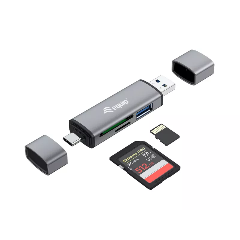 Equip Kartenleser mit USB 3.0 Hub, OTG, MicroSD (TransFlash), MicroSDHC, SD, SDHC, Grau, CE & RoHS, USB 3.2 Gen 1 (3.1 Gen 1) Typ-A/Typ-C, 202 mm, 12 mm