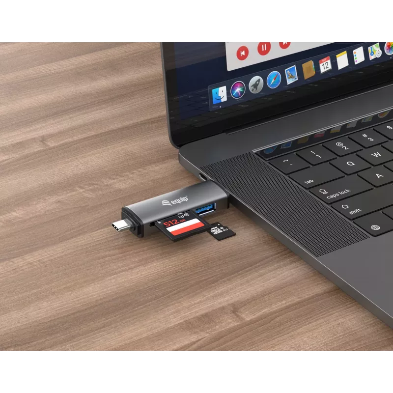 Equip Kartenleser mit USB 3.0 Hub, OTG, MicroSD (TransFlash), MicroSDHC, SD, SDHC, Grau, CE & RoHS, USB 3.2 Gen 1 (3.1 Gen 1) Typ-A/Typ-C, 202 mm, 12 mm