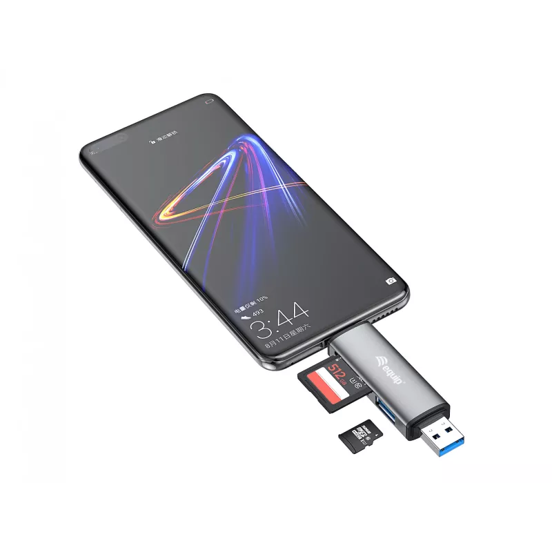 Equip Kartenleser mit USB 3.0 Hub, OTG, MicroSD (TransFlash), MicroSDHC, SD, SDHC, Grau, CE & RoHS, USB 3.2 Gen 1 (3.1 Gen 1) Typ-A/Typ-C, 202 mm, 12 mm