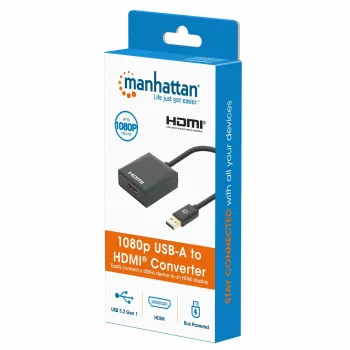 Manhattan USB-A-zu-HDMI-Kabel, 1080p@60Hz, Wandelt USB 3.2 Gen1 (auch als USB 3.0 bekannt) Signal in HDMI um, 15 cm, Schwarz, Stecker auf Buchse, Drei Jahre Garantie