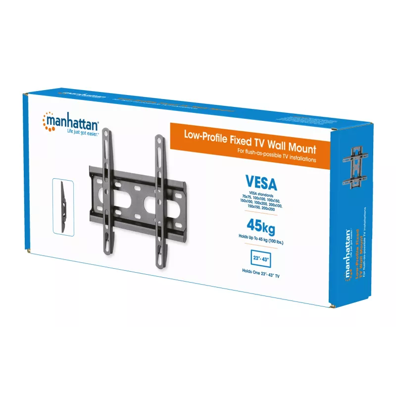 Manhattan Wandhalterung für TV & Monitore (fest, ultraflach), Für Bildschirme 23 Zoll bis 42 Zoll, VESA-Kompatibilität: alle zwischen 75 x 75 mm bis 200 x 200 mm – überprüfen Sie die Abmessungen der vier Befestigungslöcher auf der Rückseite des Bildschirms, um sicherzustellen, dass sie passt, Max. 45 kg, Schwarz, Halterung