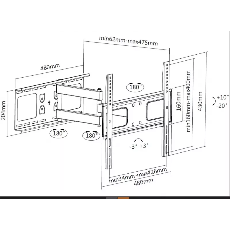 Equip 32 Zoll-55 Zoll Gelenk-TV-Wandhalterung, 200 x 200 mm, 400 x 400 mm, -20 - 10°, -90 - 90°, Stahl, Schwarz