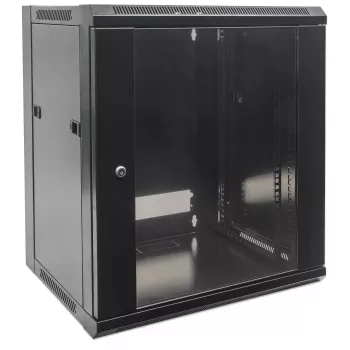 Intellinet 19-Zoll Netzwerkschrank - Wandmontage (Standard), 12HE, 600 mm tief, schwarz, zerlegt, max. 60 kg, auch für Tisch- oder Bodenaufstellung geeignet, nutzbare Tiefe 410 mm, Metall- und Glastür, Rückwand, abnehmbare Seitenwände, Wandmontageteile (z. B. Schrauben/Dübel) nicht im Lieferumfang enthalten