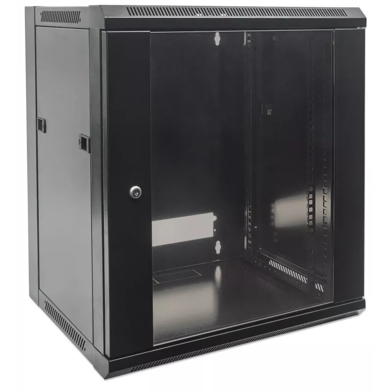 Intellinet 19-Zoll Netzwerkschrank - Wandmontage (Standard), 12HE, 600 mm tief, schwarz, zerlegt, max. 60 kg, auch für Tisch- oder Bodenaufstellung geeignet, nutzbare Tiefe 410 mm, Metall- und Glastür, Rückwand, abnehmbare Seitenwände, Wandmontageteile (z. B. Schrauben/Dübel) nicht im Lieferumfang enthalten