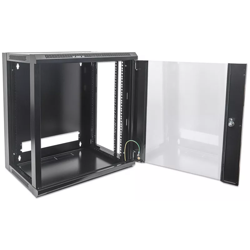 Intellinet 19-Zoll Netzwerkschrank - Wandmontage (Standard), 12HE, 600 mm tief, schwarz, zerlegt, max. 60 kg, auch für Tisch- oder Bodenaufstellung geeignet, nutzbare Tiefe 410 mm, Metall- und Glastür, Rückwand, abnehmbare Seitenwände, Wandmontageteile (z. B. Schrauben/Dübel) nicht im Lieferumfang enthalten
