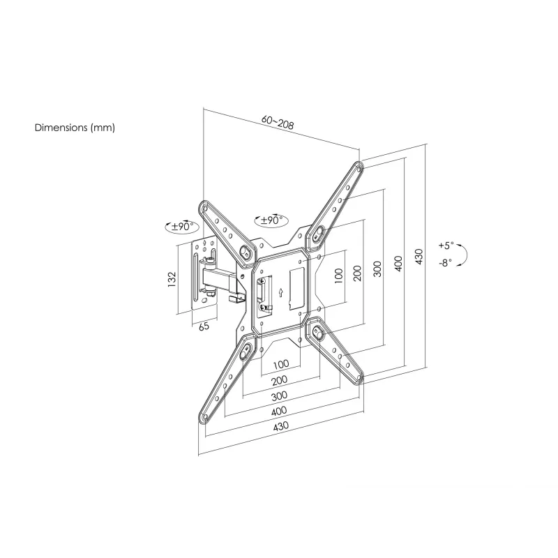 Equip 23 Zoll-55 Zoll Full-Motion TV-Wandhalterung, 100 x 100 mm, 400 x 400 mm, -8 - 5°, -90 - 90°, Edelstahl, Schwarz