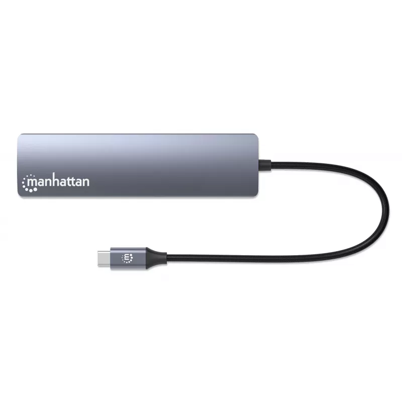 Manhattan USB-C Dock/Hub, Anschlüsse (x6): Ethernet, HDMI, USB-A (x3) und USB-C, mit Power Delivery (PD) 100W – benötigt externes USB-C-Ladegerät (nicht im Lieferumfang). USB-betrieben (kein externes Netzteil erforderlich), wenn PD nicht verwendet wird