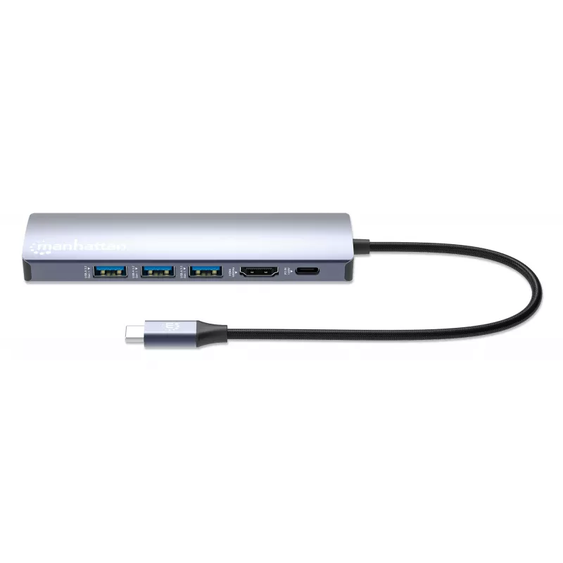 Manhattan USB-C Dock/Hub, Anschlüsse (x6): Ethernet, HDMI, USB-A (x3) und USB-C, mit Power Delivery (PD) 100W – benötigt externes USB-C-Ladegerät (nicht im Lieferumfang). USB-betrieben (kein externes Netzteil erforderlich), wenn PD nicht verwendet wird