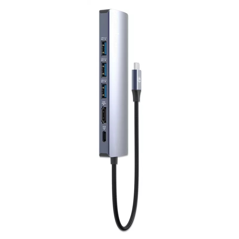 Manhattan USB-C Dock/Hub, Anschlüsse (x6): Ethernet, HDMI, USB-A (x3) und USB-C, mit Power Delivery (PD) 100W – benötigt externes USB-C-Ladegerät (nicht im Lieferumfang). USB-betrieben (kein externes Netzteil erforderlich), wenn PD nicht verwendet wird
