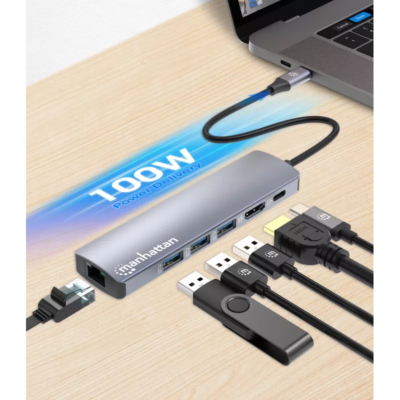 Manhattan USB-C Dock/Hub, Anschlüsse (x6): Ethernet, HDMI, USB-A (x3) und USB-C, mit Power Delivery (PD) 100W – benötigt externes USB-C-Ladegerät (nicht im Lieferumfang). USB-betrieben (kein externes Netzteil erforderlich), wenn PD nicht verwendet wird