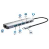 Manhattan USB-C Dock/Hub, Anschlüsse (x6): Ethernet, HDMI, USB-A (x3) und USB-C, mit Power Delivery (PD) 100W – benötigt externes USB-C-Ladegerät (nicht im Lieferumfang). USB-betrieben (kein externes Netzteil erforderlich), wenn PD nicht verwendet wird