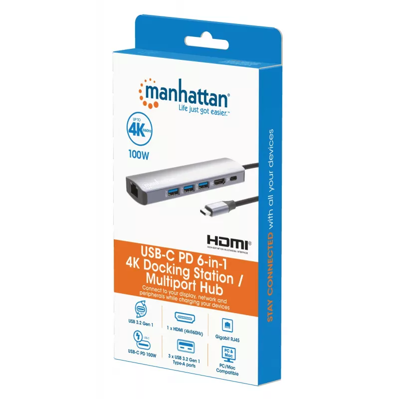 Manhattan USB-C Dock/Hub, Anschlüsse (x6): Ethernet, HDMI, USB-A (x3) und USB-C, mit Power Delivery (PD) 100W – benötigt externes USB-C-Ladegerät (nicht im Lieferumfang). USB-betrieben (kein externes Netzteil erforderlich), wenn PD nicht verwendet wird