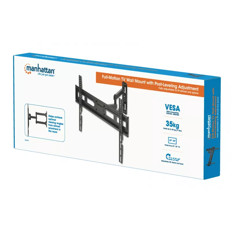 Manhattan Wall Mount für TV & Monitore (Full Motion), Für Bildschirme 32 Zoll bis 65 Zoll, VESA-Kompatibilität: alle zwischen 100x100 mm und 600x400 mm - überprüfen Sie die Abmessungen der vier Befestigungslöcher auf der Rückseite des Bildschirms, um sicherzustellen, dass sie passen, Max. 35 kg, Schwarz, Halterung, Lebenslange Garantie