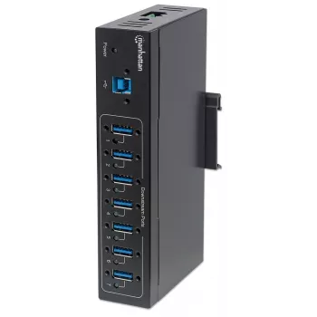 Manhattan USB-A 7-Port Hub Industrial, 7x USB-A Ports, 5 Gbps (USB 3.2 Gen1 aka USB 3.0), 20 kV ESD-Schutz, A/C, Bus- und Klemmleisten-Stromversorgungsoptionen, DIN-Schiene, wandmontierbar, Metallgehäuse, Schraubverriegelung