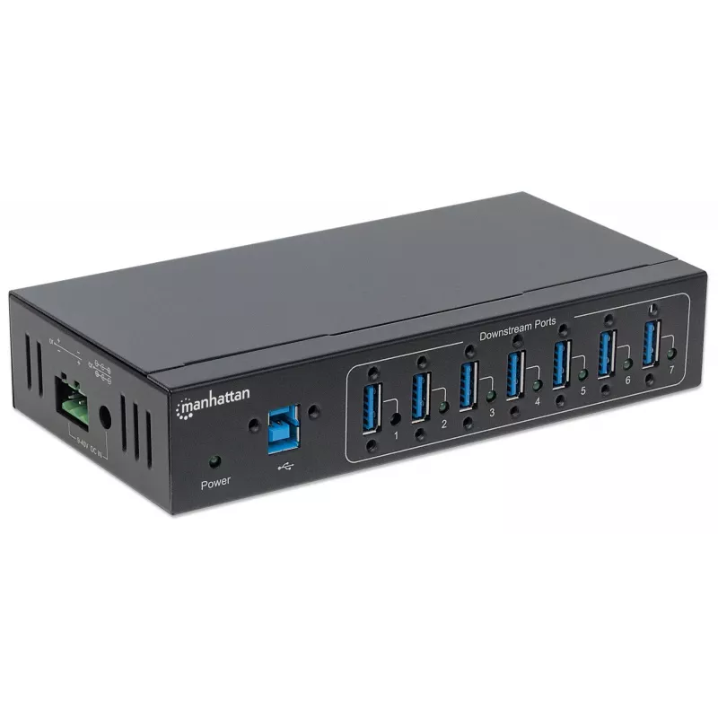 Manhattan USB-A 7-Port Hub Industrial, 7x USB-A Ports, 5 Gbps (USB 3.2 Gen1 aka USB 3.0), 20 kV ESD-Schutz, A/C, Bus- und Klemmleisten-Stromversorgungsoptionen, DIN-Schiene, wandmontierbar, Metallgehäuse, Schraubverriegelung