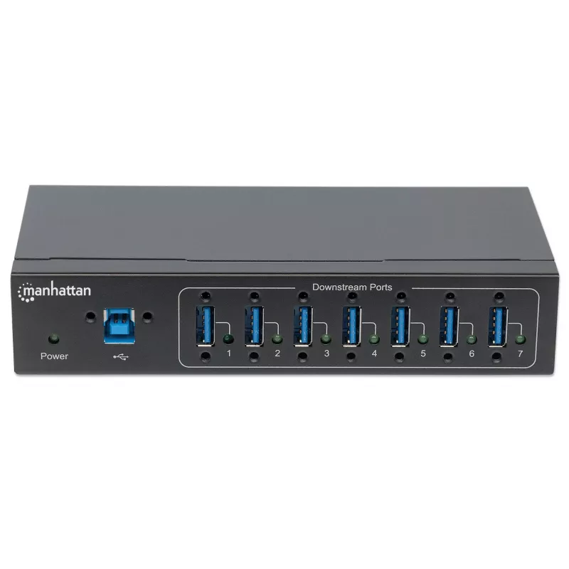 Manhattan USB-A 7-Port Hub Industrial, 7x USB-A Ports, 5 Gbps (USB 3.2 Gen1 aka USB 3.0), 20 kV ESD-Schutz, A/C, Bus- und Klemmleisten-Stromversorgungsoptionen, DIN-Schiene, wandmontierbar, Metallgehäuse, Schraubverriegelung