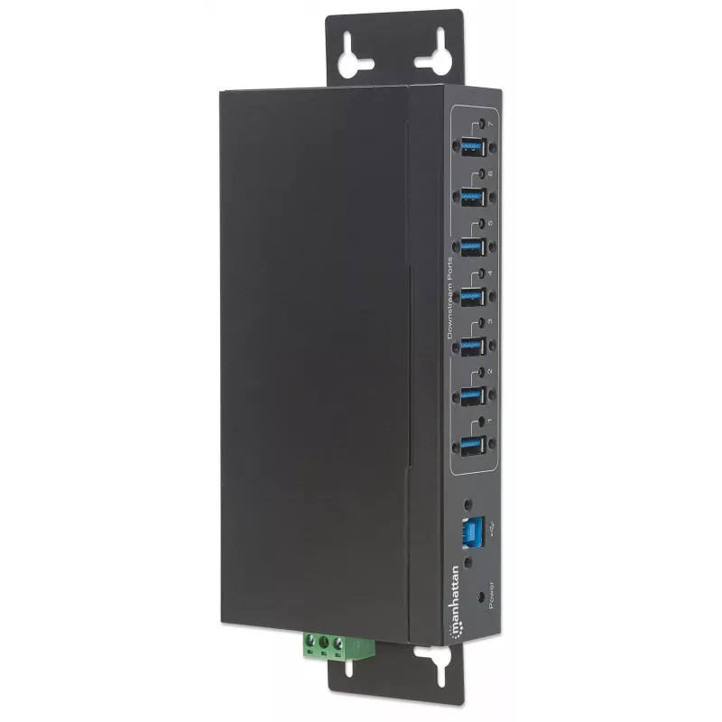 Manhattan USB-A 7-Port Hub Industrial, 7x USB-A Ports, 5 Gbps (USB 3.2 Gen1 aka USB 3.0), 20 kV ESD-Schutz, A/C, Bus- und Klemmleisten-Stromversorgungsoptionen, DIN-Schiene, wandmontierbar, Metallgehäuse, Schraubverriegelung