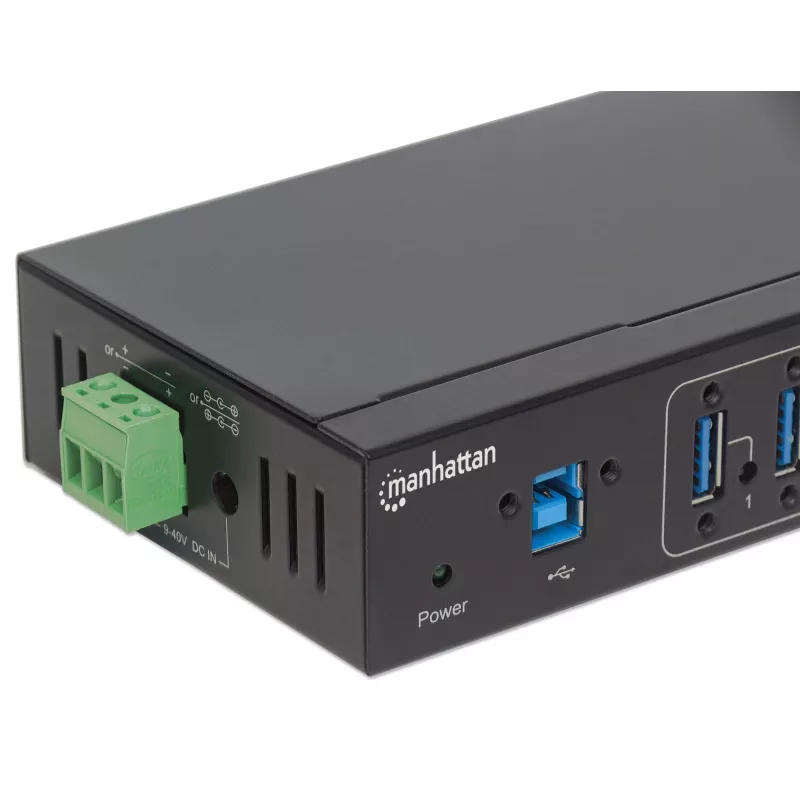 Manhattan USB-A 7-Port Hub Industrial, 7x USB-A Ports, 5 Gbps (USB 3.2 Gen1 aka USB 3.0), 20 kV ESD-Schutz, A/C, Bus- und Klemmleisten-Stromversorgungsoptionen, DIN-Schiene, wandmontierbar, Metallgehäuse, Schraubverriegelung