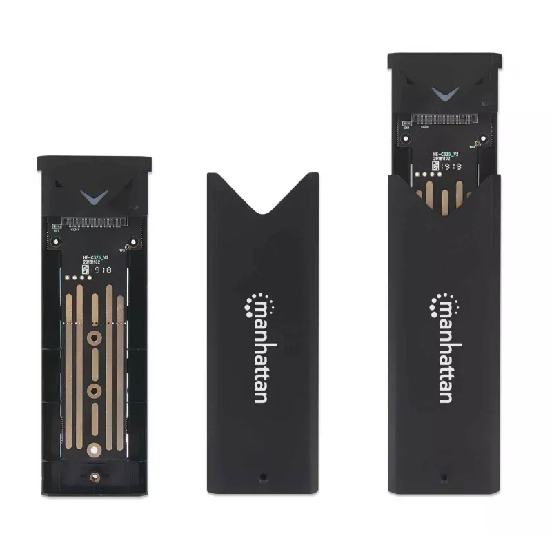 Manhattan M.2 NVMe SSD-Gehäuse, USB-C-Buchse, 10 Gbit/s (USB 3.2 Gen2 alias USB 3.1), UASP-kompatibel, SuperSpeed+ USB, Aluminium, Schwarz, drei Jahre Garantie