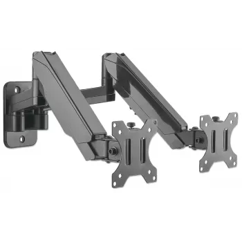 Manhattan Dual-Wandhalterung für TV & Monitore (Vollbewegungs-Gasdruckfeder), Für Bildschirme 17 Zoll bis 32 Zoll, VESA-Kompatibilität: 75x75mm und 100x100mm – prüfen Sie die Abmessungen der vier Befestigungslöcher auf der Rückseite des Bildschirms, um die Passform sicherzustellen, Max. 8 kg je Arm, Schwarz, Halterung