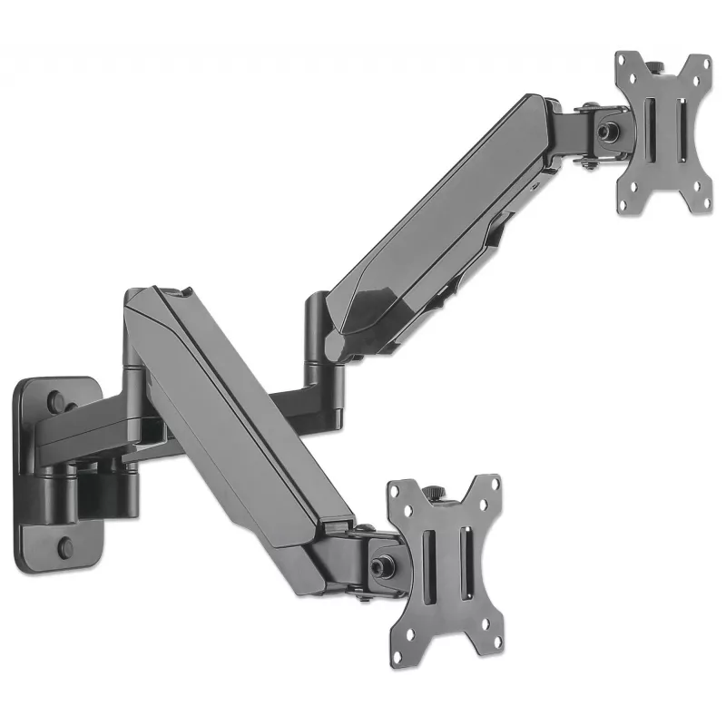 Manhattan Dual-Wandhalterung für TV & Monitore (Vollbewegungs-Gasdruckfeder), Für Bildschirme 17 Zoll bis 32 Zoll, VESA-Kompatibilität: 75x75mm und 100x100mm – prüfen Sie die Abmessungen der vier Befestigungslöcher auf der Rückseite des Bildschirms, um die Passform sicherzustellen, Max. 8 kg je Arm, Schwarz, Halterung