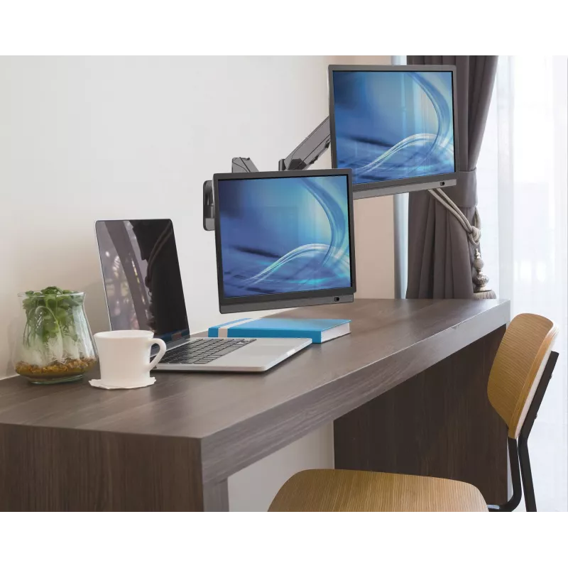 Manhattan Dual-Wandhalterung für TV & Monitore (Vollbewegungs-Gasdruckfeder), Für Bildschirme 17 Zoll bis 32 Zoll, VESA-Kompatibilität: 75x75mm und 100x100mm – prüfen Sie die Abmessungen der vier Befestigungslöcher auf der Rückseite des Bildschirms, um die Passform sicherzustellen, Max. 8 kg je Arm, Schwarz, Halterung