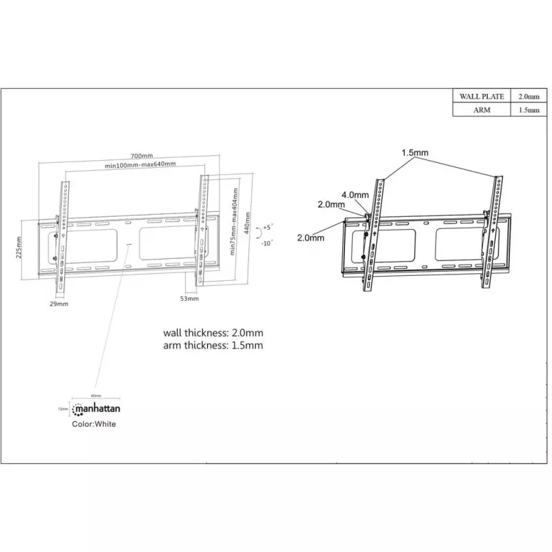 Manhattan Wandhalterung für TV & Monitore (neigbar), Für Bildschirme 37 inch bis 65 inch, VESA-Kompatibilität: alle zwischen 200x200mm und 600x400mm – überprüfen Sie die Abmessungen der vier Befestigungslöcher auf der Rückseite des Bildschirms, um sicherzustellen, dass sie passt, Max. 80kg, Schwarz, Halterung