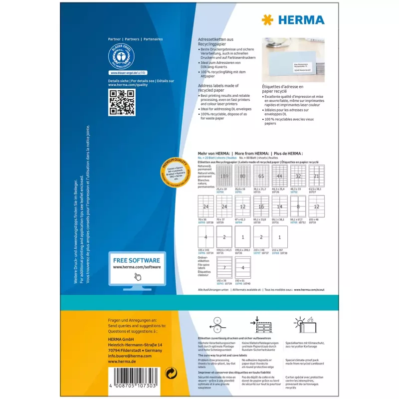 Selbstklebende Druckeretiketten HERMA 10730 Weiß 9,91x3,38 cm 1280 Etiketten